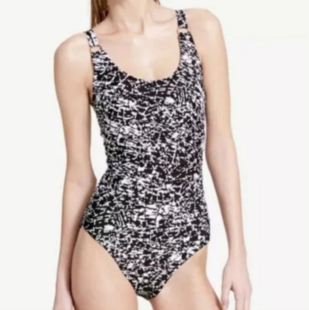 Calvin Klein Black and White One Piece Swimsuit with Abstract Print